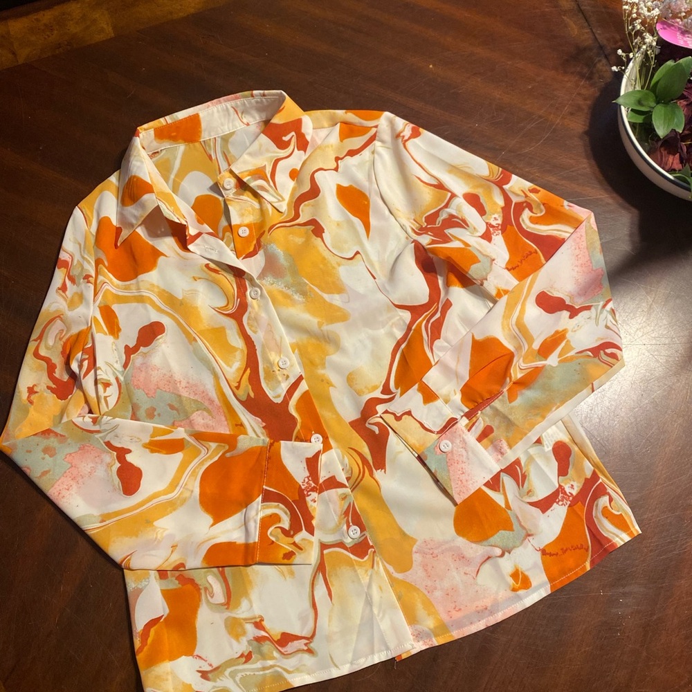 Abstract Orange Swirl Button-Up Blouse by